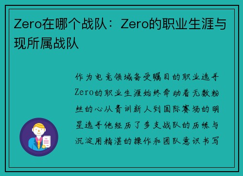 Zero在哪个战队：Zero的职业生涯与现所属战队