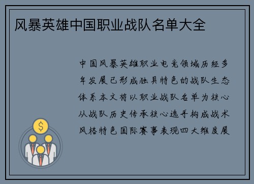 风暴英雄中国职业战队名单大全