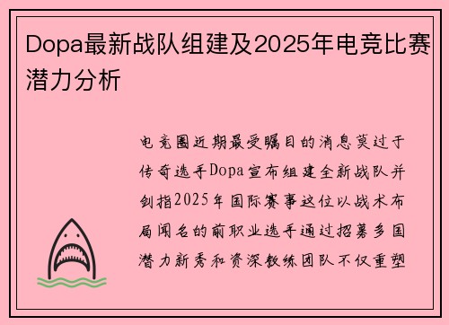 Dopa最新战队组建及2025年电竞比赛潜力分析